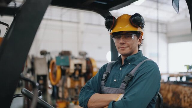 Worker stands confidently on forklift in warehouse. Wears helmet, safety glasses, and protective gloves. Background shows factory equipment and bright lighting. Forklift operator looks calm