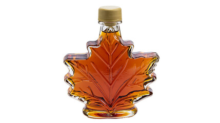 Glass maple leaf shaped bottle filled with amber maple syrup, isolated on transparent background