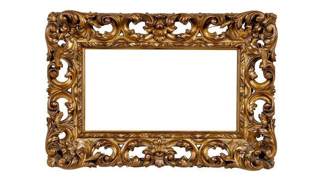 Ornate antique golden baroque picture frame with intricate carvings, isolated on transparent background