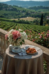 Fototapeta premium Enjoying Breakfast With Flowers and Croissants in a Vineyard Landscape