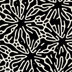 Fototapeta premium Vector seamless pattern. Stylish background with abstract flowers. Monochrome floral theme. Contrast texture with hand drawn leaves. Modern surface design.