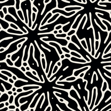 Vector seamless pattern. Stylish background with abstract flowers. Monochrome floral theme. Contrast texture with hand drawn leaves. Modern surface design.