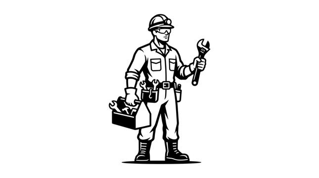 Skilled construction worker holding a wrench tool with toolbox