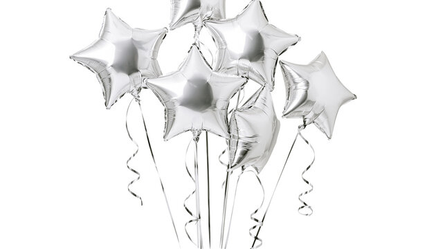 Shiny silver star shaped balloons with curling ribbons, isolated on transparent background