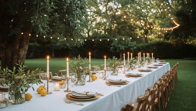Outdoor Dining Setup With Candles, Fresh Herbs, and Lemon Decor at a Garden Location During Sunset