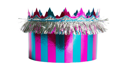 Striped party crown with tinsel fringe and metallic points, isolated on transparent background