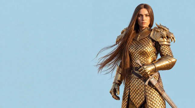 A female warrior in medieval golden armor in the style of dragon scales with a sword in a scabbard. Female power and greatness, the image of feminism and struggle