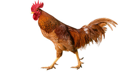 Brown rooster with red comb and tail feathers, isolated on transparent background © VSTOCK