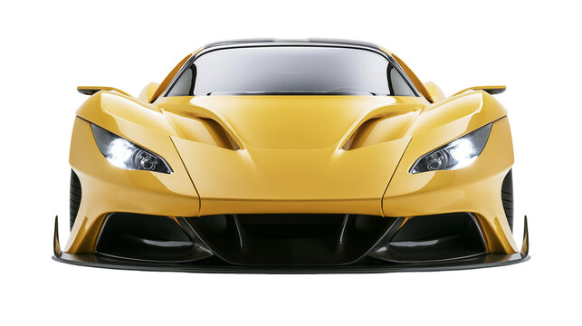 Yellow sports car with sleek aerodynamic design headlights on, isolated on transparent background