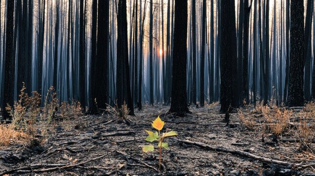 Single Green Sapling Growing Through Ash in Burned Forest After Wildfire