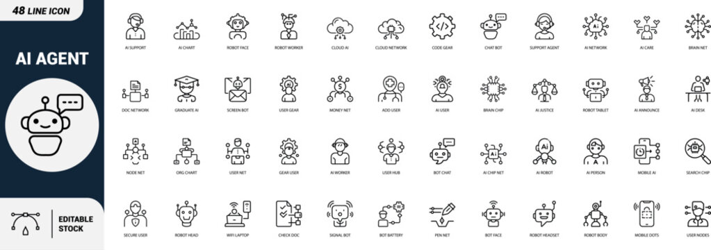 AI agent robot chatbot support artificial intelligence icons set, machine learning, chip, network, user, cloud, brain, bot, Web icon App icon Outline icon Editable stroke, line art, Vector EPS