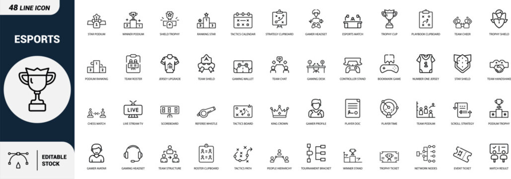 Esports gaming tournament trophy team competition icons set, podium, jersey, referee whistle, scoreboard, bracket, crown, chess, Web icon App icon Outline icon Editable stroke, line art, Vector EPS