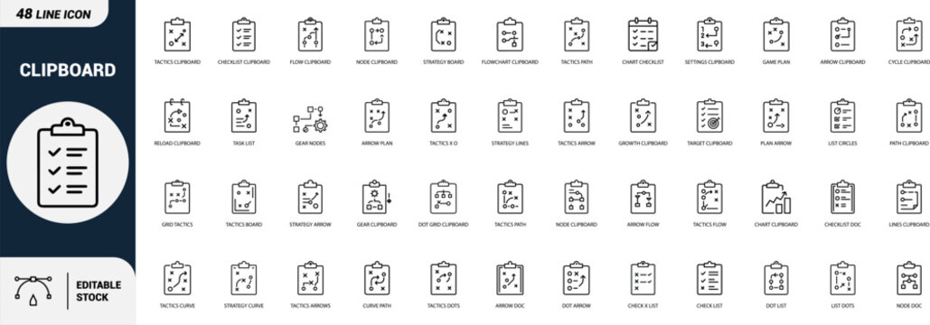 Clipboard tactics strategy checklist flowchart planning icons set, task list, chart, arrow, node, gear, target, growth, cycle, Web icon App icon Outline icon Editable stroke, line art, Vector EPS