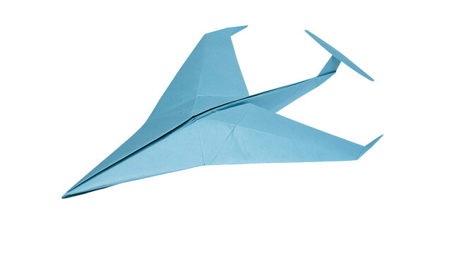 Blue paper airplane folded from a single sheet, isolated on transparent background