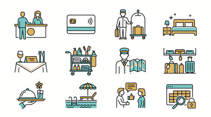Collection of colorful flat design icons representing various travel and transportation themes. © Imam