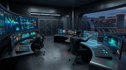 Obraz premium Futuristic Control Room with Data Displays and Cityscape View