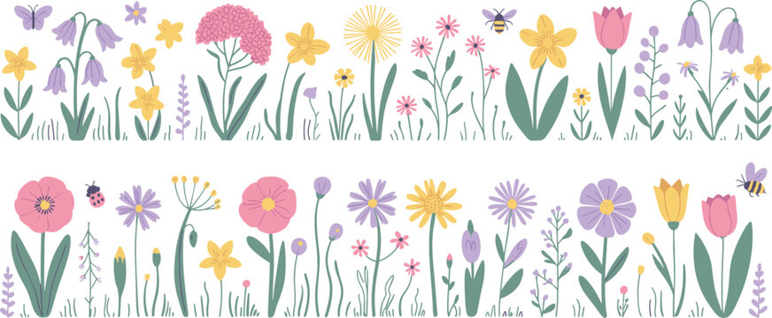 Whimsical Spring Floral Border with Insects and Grass Elements flowers pattern