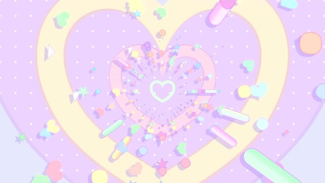 Pastel heart-shaped tunnel with circles, rounded lines, hearts, and stars motion graphics. (loop)