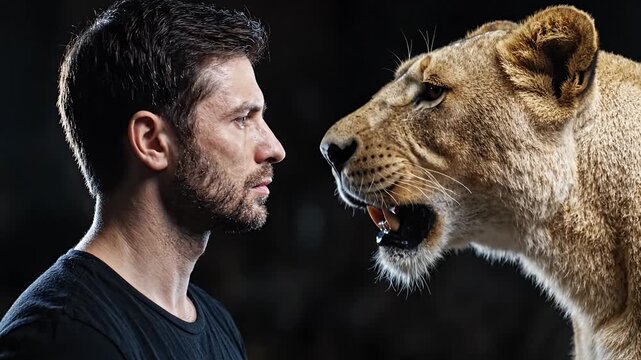 Courageous Man Faces Roaring Lioness: Intense Confrontation, Primal Instinct, Wildlife Power