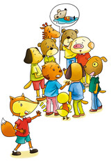 Fototapeta premium Cartoon forest animal group safety education illustration, fox telling animals about a mouse drowning accident, kids water safety clipart