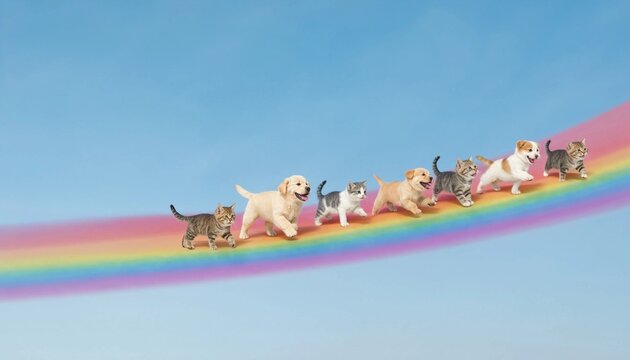 Cats and dogs running along a rainbow in the sky on a blue background, playful pet adventure, happy animals, friendship concept.