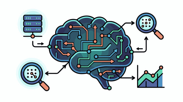 Digital brain with data input analysis and output visualizations