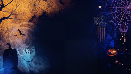 Fototapeta premium Halloween Celebration With Ghost and Pumpkins in Spooky Setting at Night