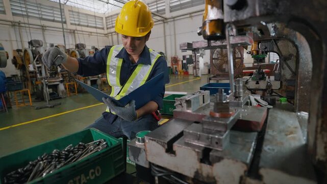 Worker wears safety gear in factory setting. He handles metal parts near industrial machinery. Focus on precision, diligence, and manufacturing process. Ideal for industrial, manufacturing