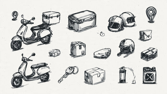 Hand-drawn sketches of scooters helmets suitcases digital camera and travel accessories in black and white line art for travel and transportation themes