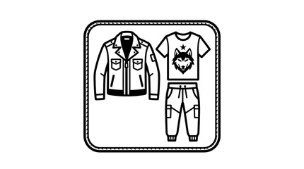 Fototapeta premium Stylized Wolf Head T-Shirt, Cargo Pants, and Leather Jacket Outfit