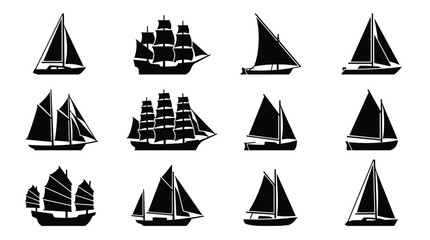 A collection of various black sailboat silhouettes and vintage ship icons displayed in simple rows