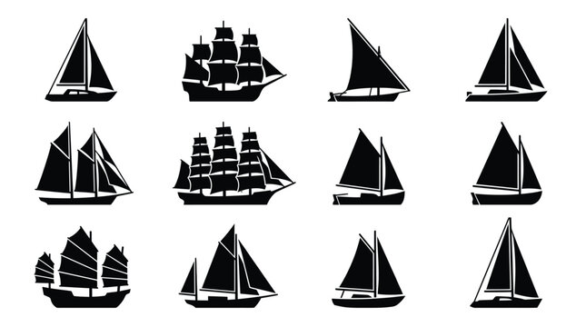 A collection of various black sailboat silhouettes and vintage ship icons displayed in simple rows