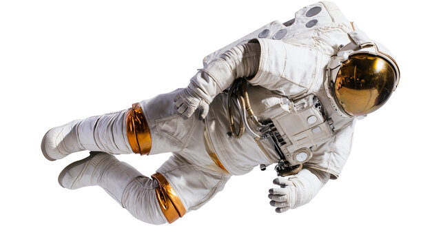White astronaut suit with golden helmet floating in space, isolated on transparent background