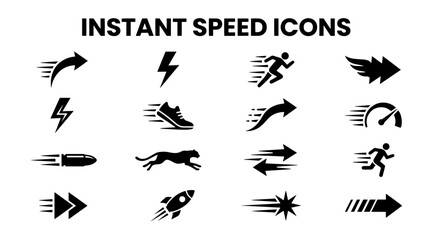 Collection of black instant speed icons representing motion and rapid movement in a minimalist style © MstSomaya