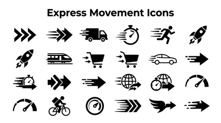 A collection of black vector icons representing speed, rapid movement, logistics, and fast transportation concepts. © MstSomaya