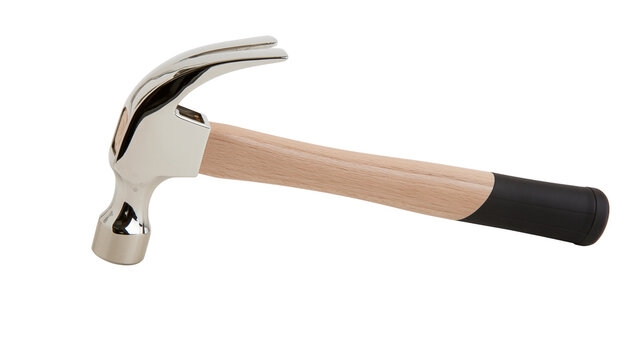 Polished metal claw hammer with wooden handle and black grip, isolated on transparent background