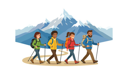 Fototapeta premium Group of hikers trekking in mountains with backpacks and poles