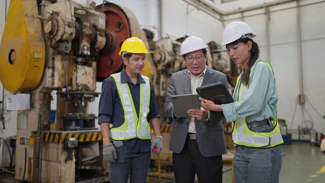 Factory floor meets professional trust. Men and women in safety gear shake hands. Businessman shows approval with tablet device. Team smiles, indicating successful collaboration