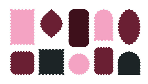 Scalloped edge frames vector element collection . Pink and maroon wavy borders, blank decorative price tag label silhouettes .