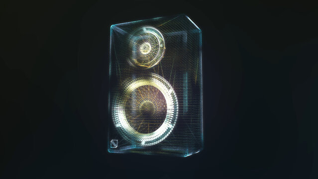 Studio monitor speaker rendered as glowing particle hologram with radiant woofer rings on black, premium audio visual for music promos, festivals and sound brands.