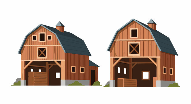 Two rustic wooden barns with dark roofs stand against a white background