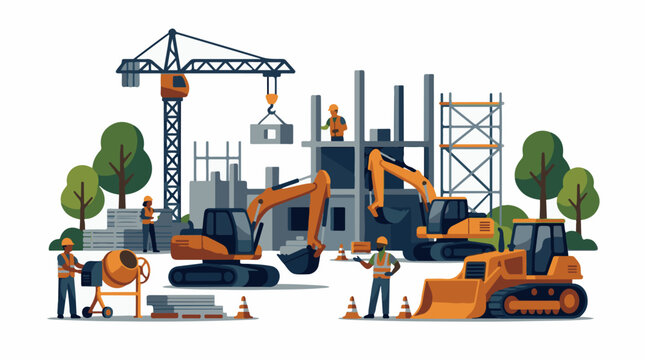 A construction site with workers cranes and heavy machinery