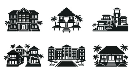 Fototapeta premium Tropical resort hotel icons set, black and white luxury villa silhouettes with palm trees, 6 vacation building vector illustrations for travel maps