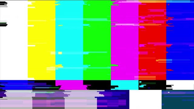 No signal VHS color bars glitch animation with analog distortion and retro broadcast test screen. Perfect for vintage video, VFX, motion graphics, TV effects, and digital overlays.