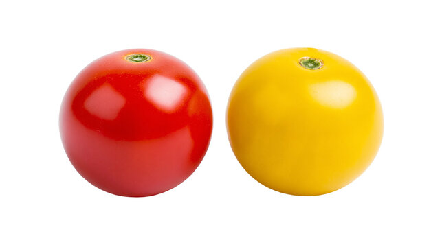 Two ripe cherry tomatoes one red and one yellow, isolated on transparent background