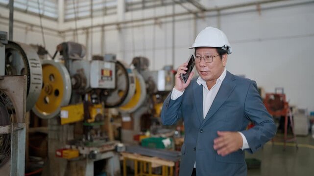 Man in hard hat talks on phone in factory. He looks focused and engaged during call. Large industrial machines surround him. His suit suggests he's a manager or supervisor
