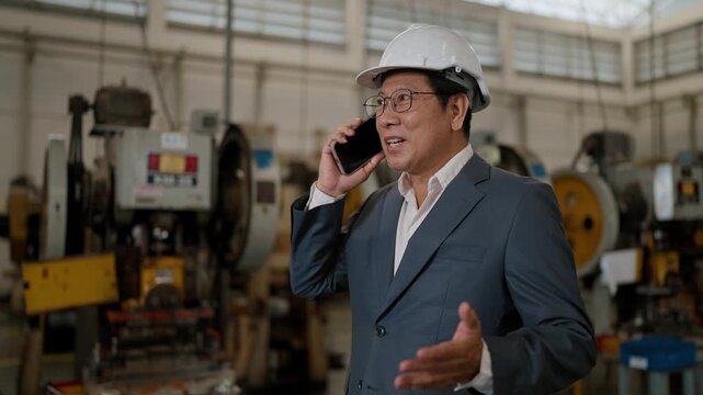 Man in hard hat speaks on phone within factory. He gestures while talking, focused on call. Large machines surround him in industrial space. Scene conveys active management or oversight