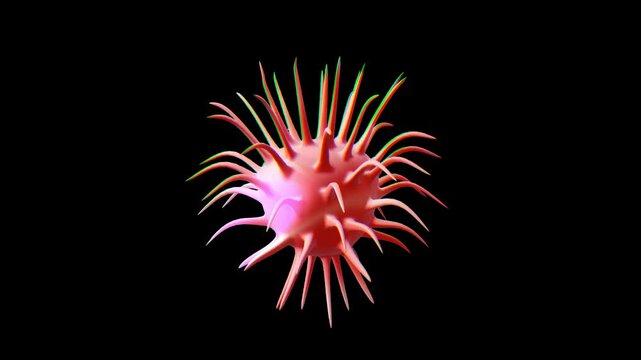 A holographic sphere with spikes and iridescent colors. Neon bacteria with chromatic aberration effect. Abstract molecular structure with a prism effect.