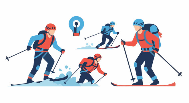 Stylized skiers with backpacks and poles navigate snow