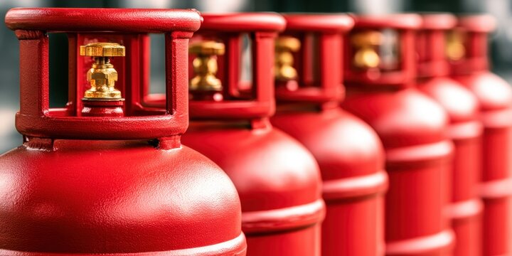 Red metal tanks. Industrial LPG gas cylinders in a row. Cylinder, high pressure gauges, meter, valve. Many argon cylinders for industry, welding. Fuel manufacturing. Liquefied gas production, factory
